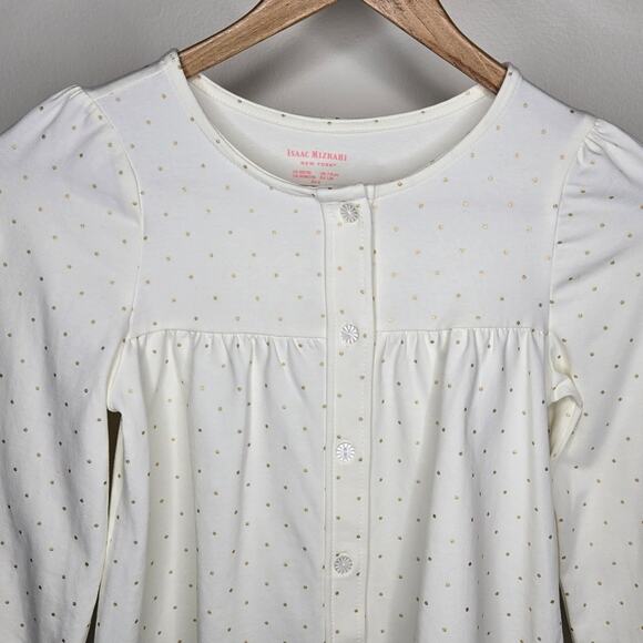 NWOT Isaac Mizrahi Cream & Gold Polka Dot Button Down Long Sleeve Shirt Size 7/8 - Picture 2 of 7